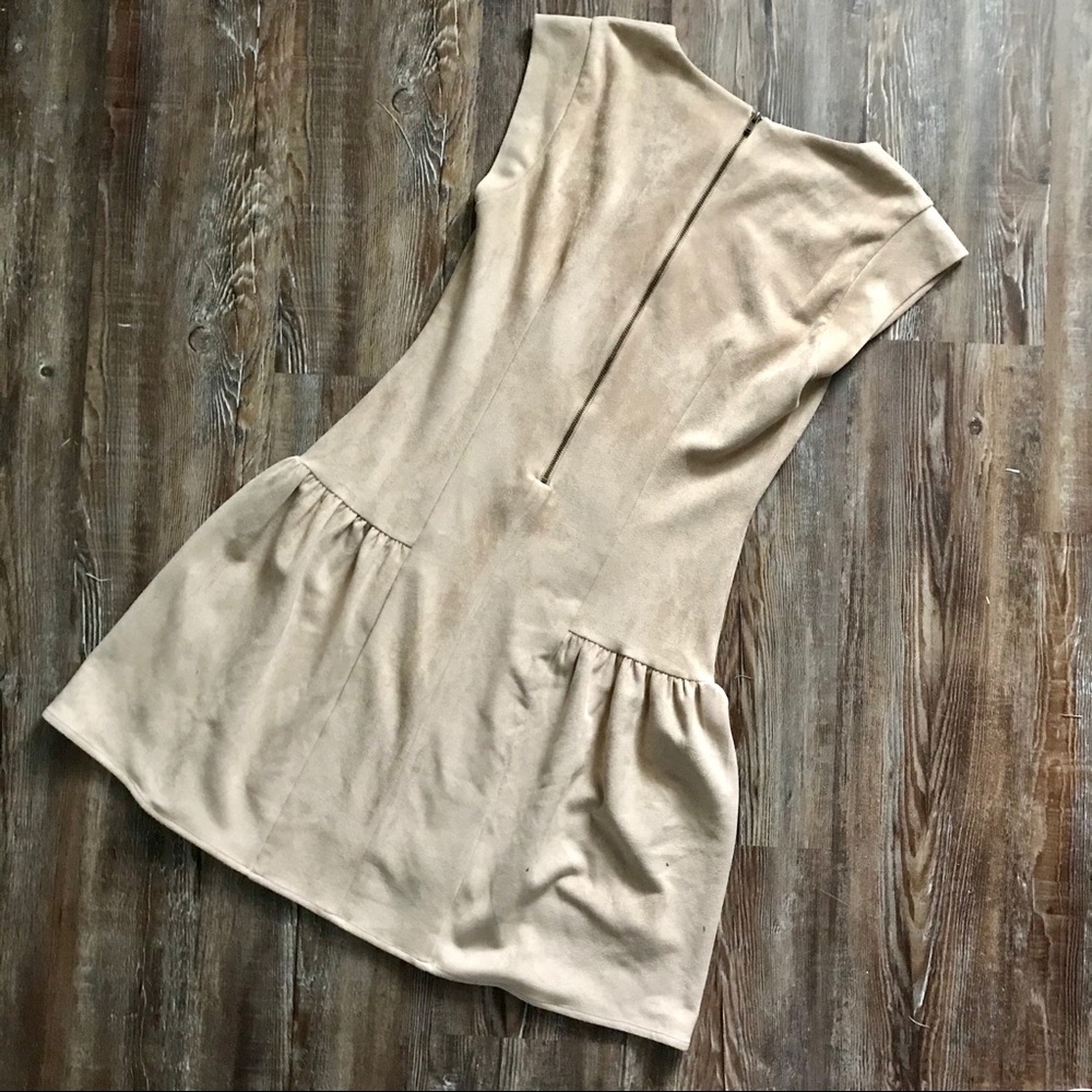 Greylin Nude Faux Suede Saulina Neutral Short Sleeve Minimalist Dress - Picture 5 of 5